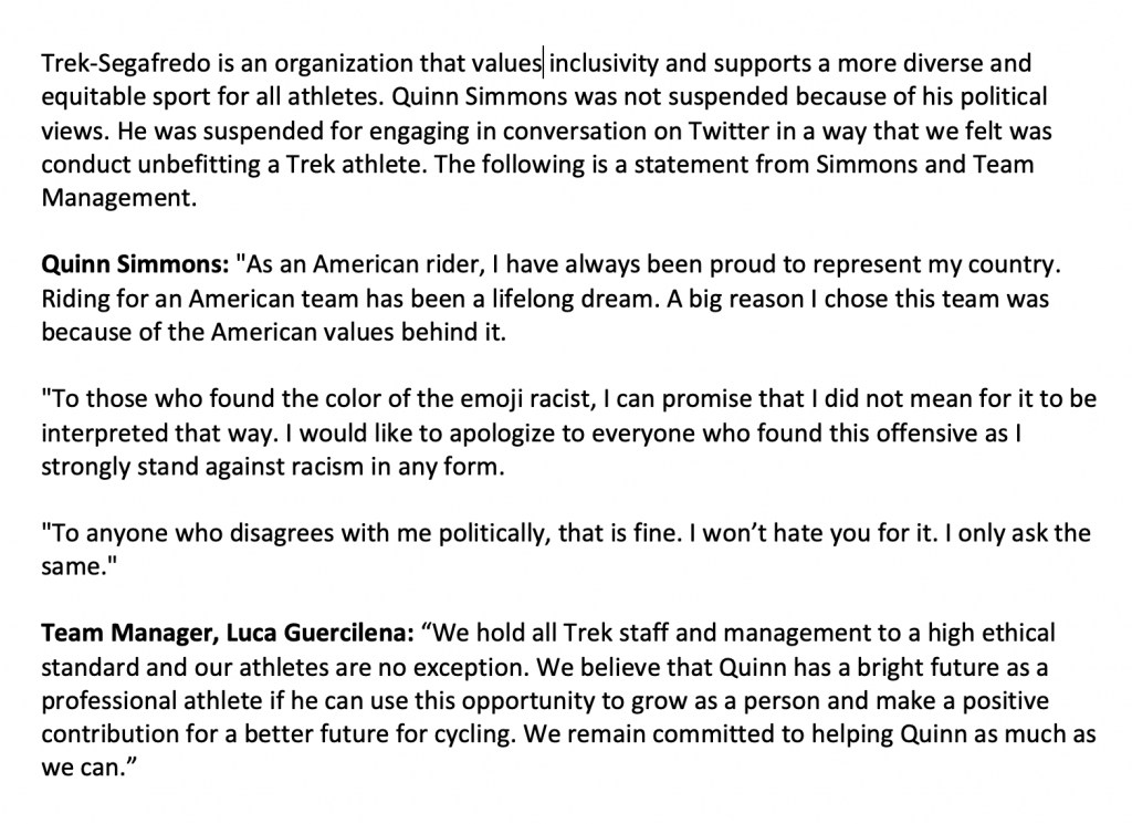 quinn-simmons-trek-segafredo-statement